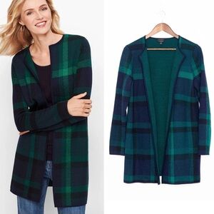 Talbots Merino Wool Longline Open Front Cardigan Coat Classic Plaid Green Navy S